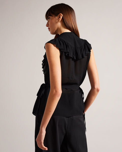 EVALIE-Tops-EVALIE has the details covered. This little frilled number has them in abundance and will have you feeling ready to strut your stuff. With its frills, piping details and waist ties, this top will dress up any look. Sleeveless top Frilled embellishments Piping stripes Crew neck Gathered waist Waist ties Front button fastening Julia is 5'10" / 1.78m and wears Black in a Ted size 1- Ted Baker Romania